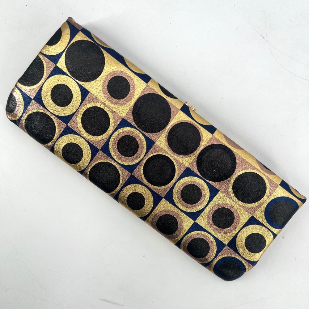 Hobo Kisslock Clutch Envelope Purse Metallic Geometric Circles‎ Leather Modern